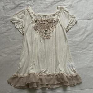 Axes Femme Cream lace bib short sleeve top with sequin flower detail
